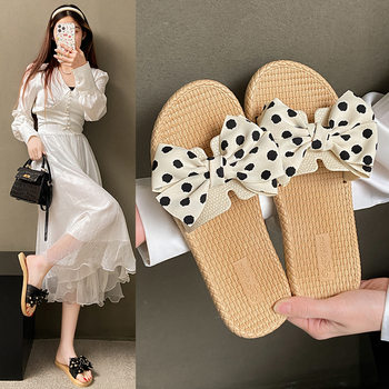 New Summer Slippers Women's Outer Wear Fashionable Korean Style Polo Dot Bow Cyber Celebrant Non-Slip Wear-Resistant Beach Sandals for Women