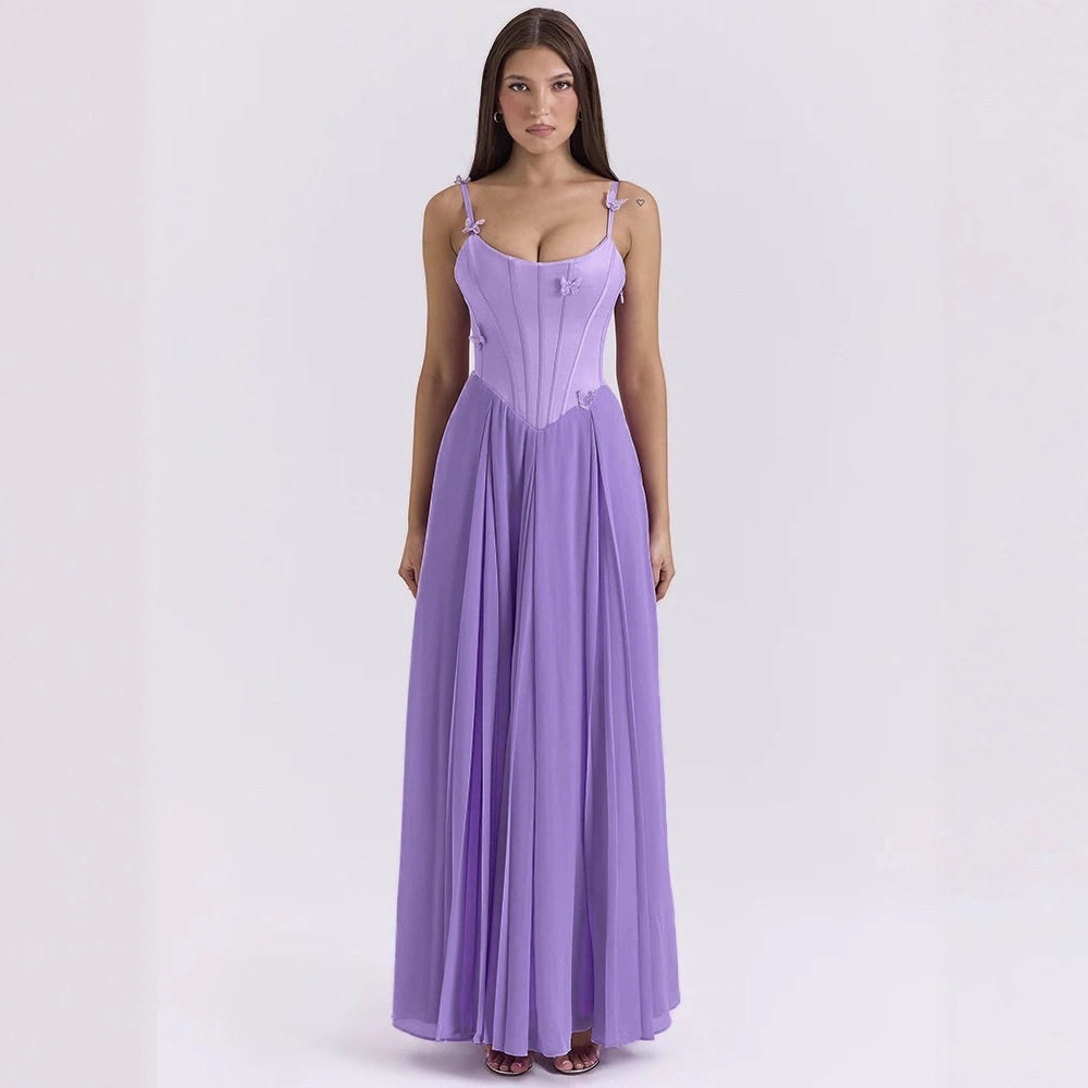 Elegant A Line Dress Solid Color 3D Butterfly Decoration Waist Defining Flared Skirt Perfect for Parties and Events