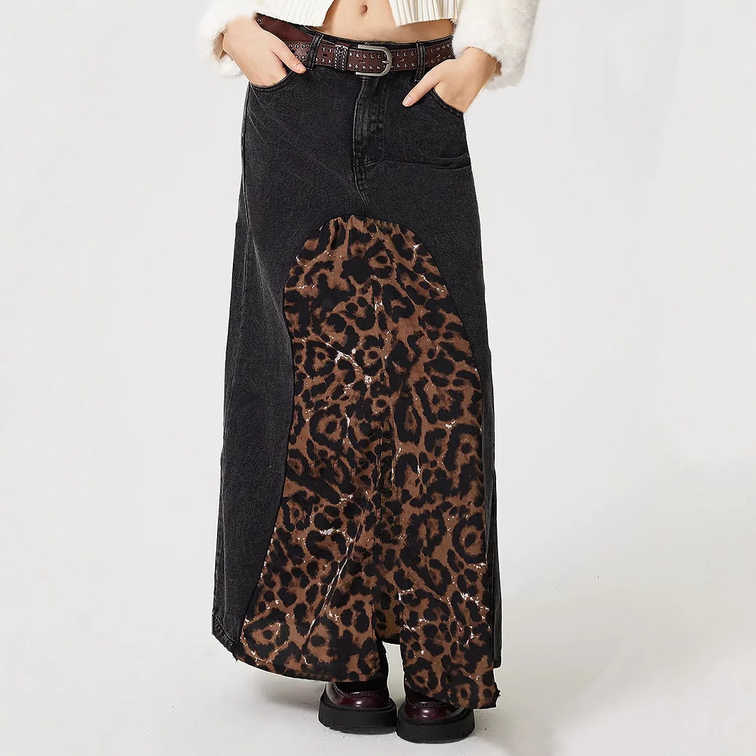 Leopard Print Denim Skirt Versatile Stylish Autumn Fashion Perfect for Streetwear Wholesale Available