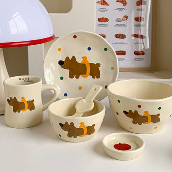 Worry-Free Puppy Cream Ceramic Tableware Set for Home Use, Including Dinner Plates and Rice Bowls, Suitable as a Gift or Souvenir, Customizable with Logo in Gift Box