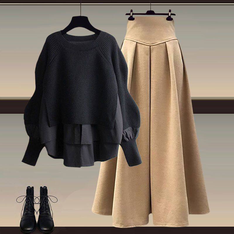 Autumn suit Women's 2025 New plus size Women's Fashion Fake Two-piece Top Elegant Slim Skirt Two-piece Set