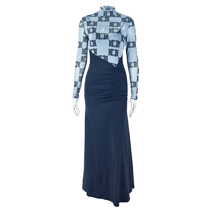 Fashionable Womens Bodycon Dress Floral Print Long Sleeve Mock Two Piece Slim Fit Perfect for Parties and Events