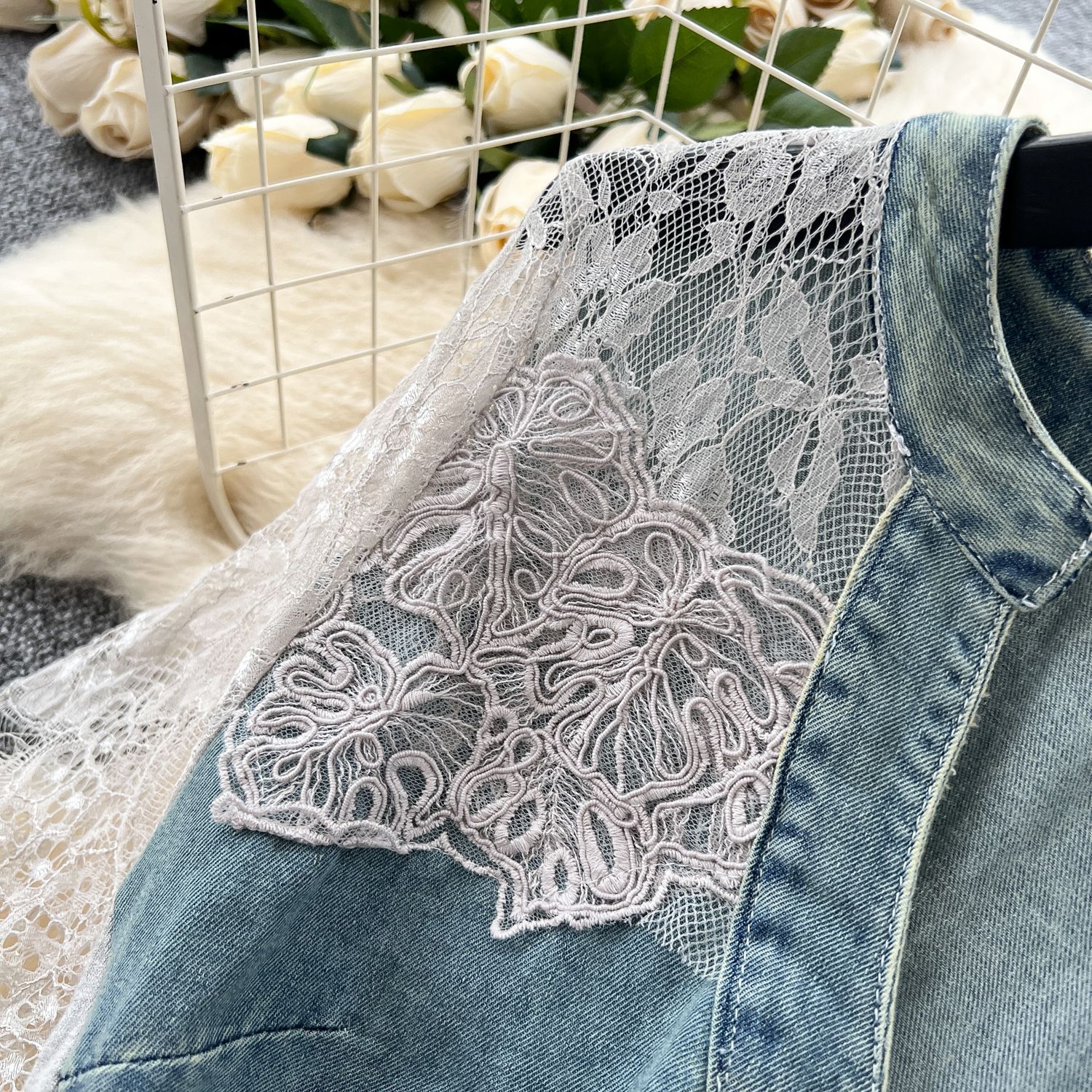 V Neck Lace Panel Short Sleeve Denim Dress for Women Slim Fit Summer Style Available in Blue Wholesale Sizes M to XXL