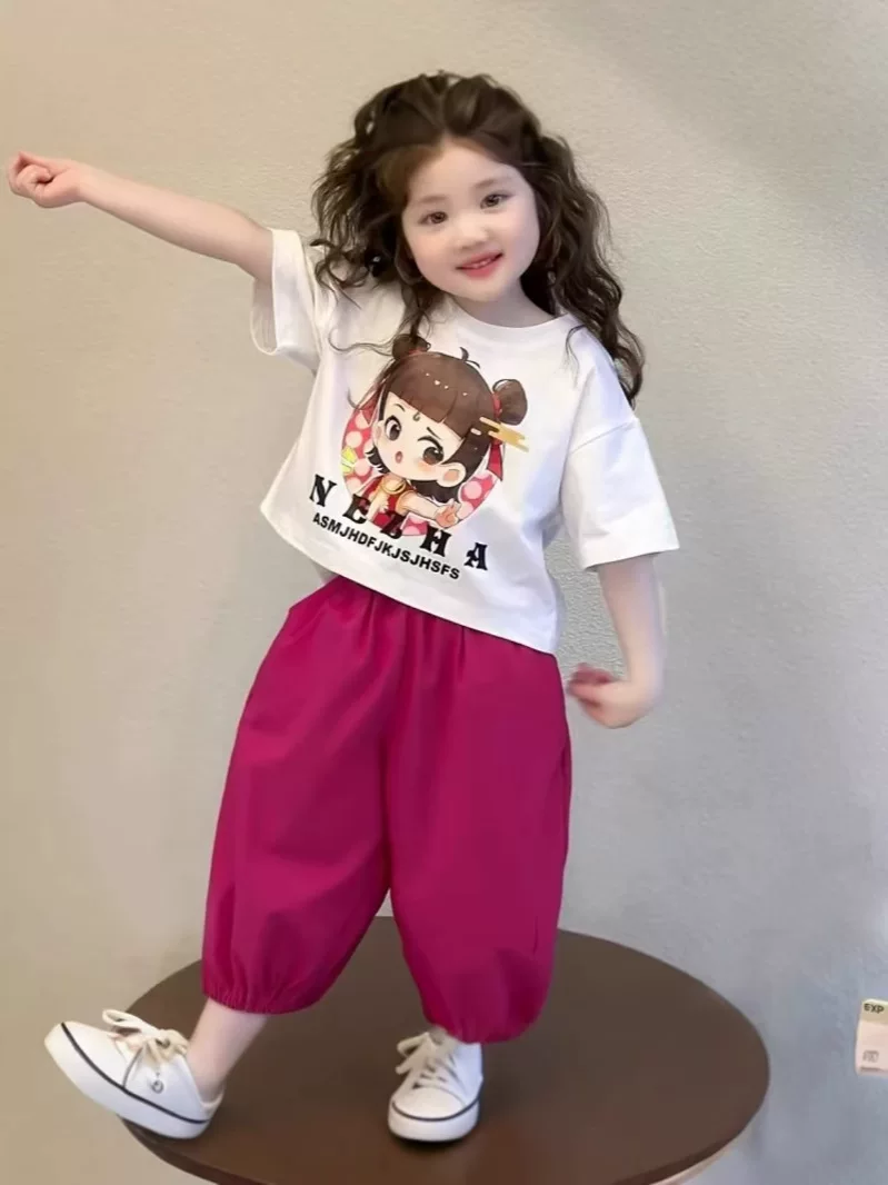 Girls' Toddler & Little Kid Sports Set, New Summer Baby Girl Nezha Print Short-Sleeve Outfit, Thin Two-Piece Set