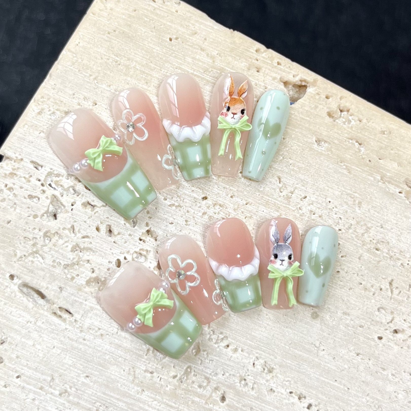 [Pastoral Bunny]Purely Handmade Wearable Nails, French Plaid Lace Skirt Style Nail Art, High-End Wearable Nail Products Wholesale