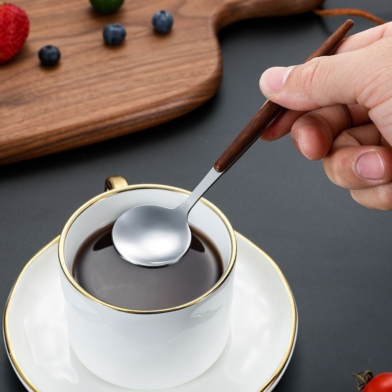 Creative Wood Grain Handle Coffee Spoon Stainless Steel Spoon Ice Cream Small Round Spoon Long Handle Dessert Honey Spoon Stirring Spoon