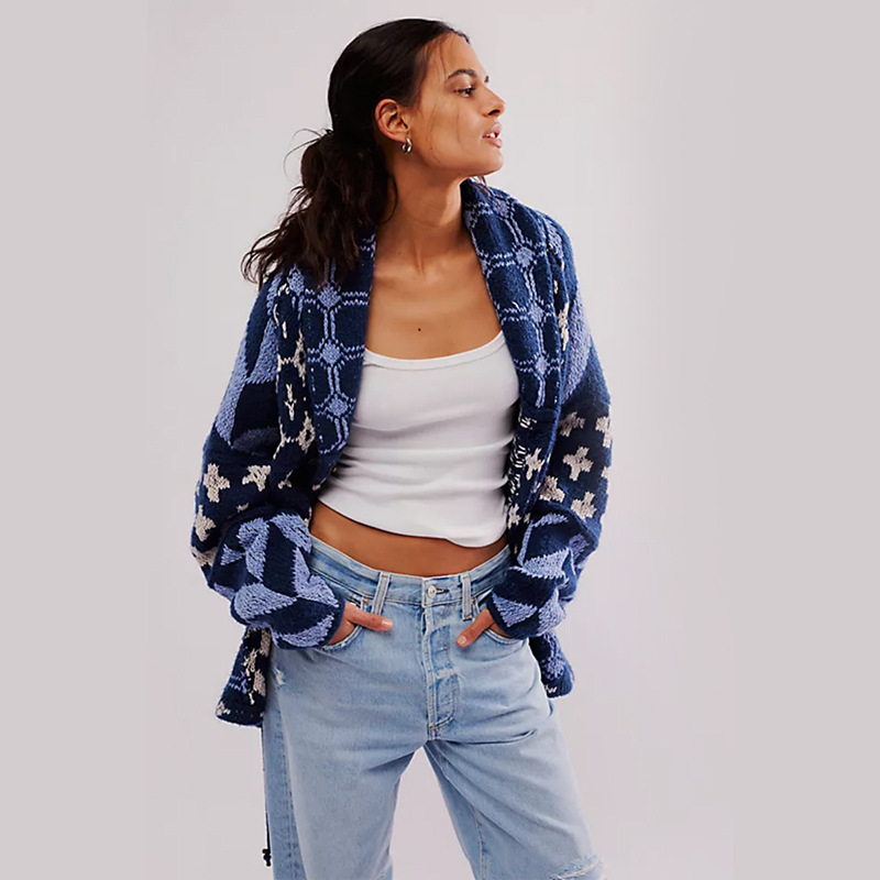 欧美2024秋冬新品针织衫 Y2K抽象印花翻领宽松长袖针织毛衣女