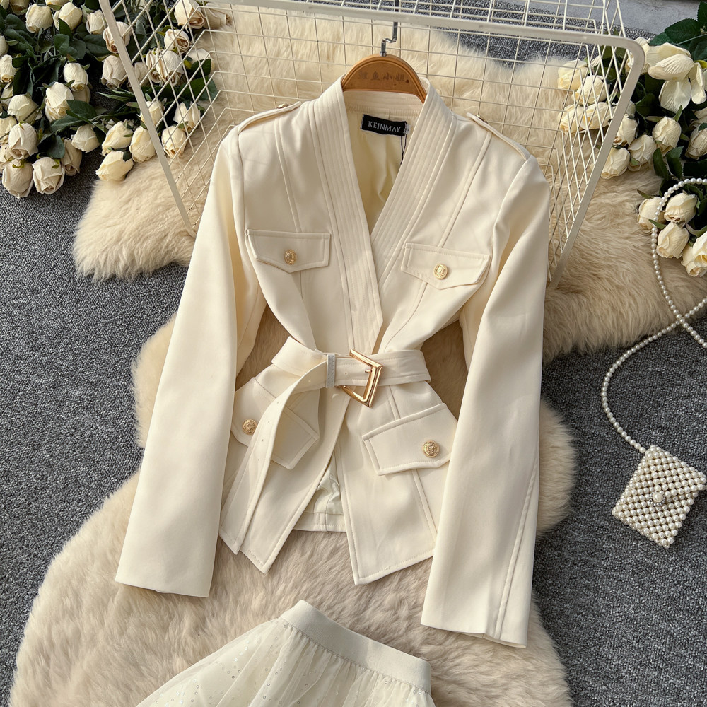 Elegant Two Piece Set High End Tweed Blazer and Waist Tie Skirt Autumn Fashion for Women Wholesale Available