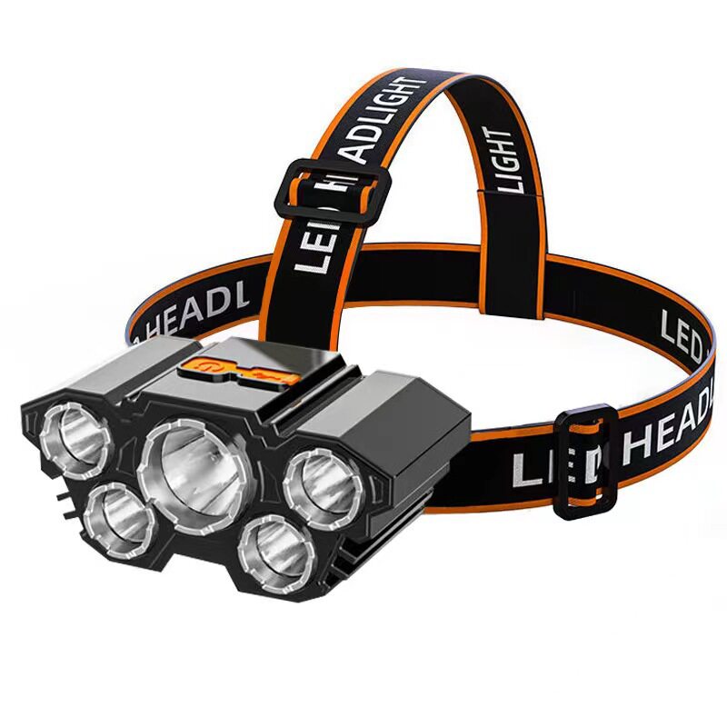 Cross-border new LED strong light five-head lamp usb charging super bright head-mounted flashlight outdoor fishing waterproof headlight