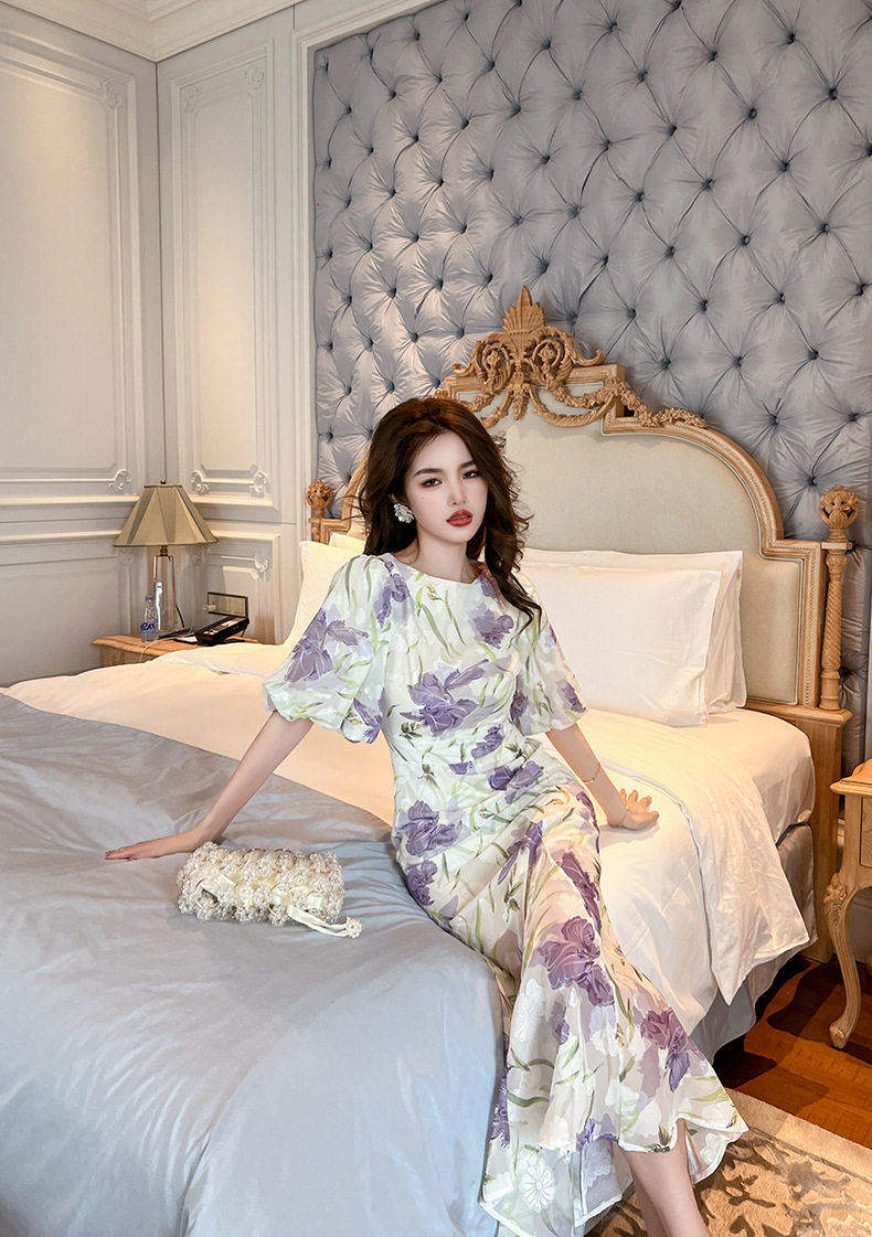 Đầm ôm body nữ cổ tròn tay bồng đuôi cá — [Tím] chi tiết 5