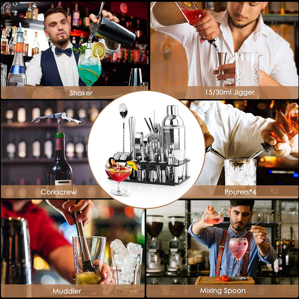 New 304 Stainless Steel Ice Grain Acrylic Set Cocktail Shaker Bar Tools 23 Piece Set