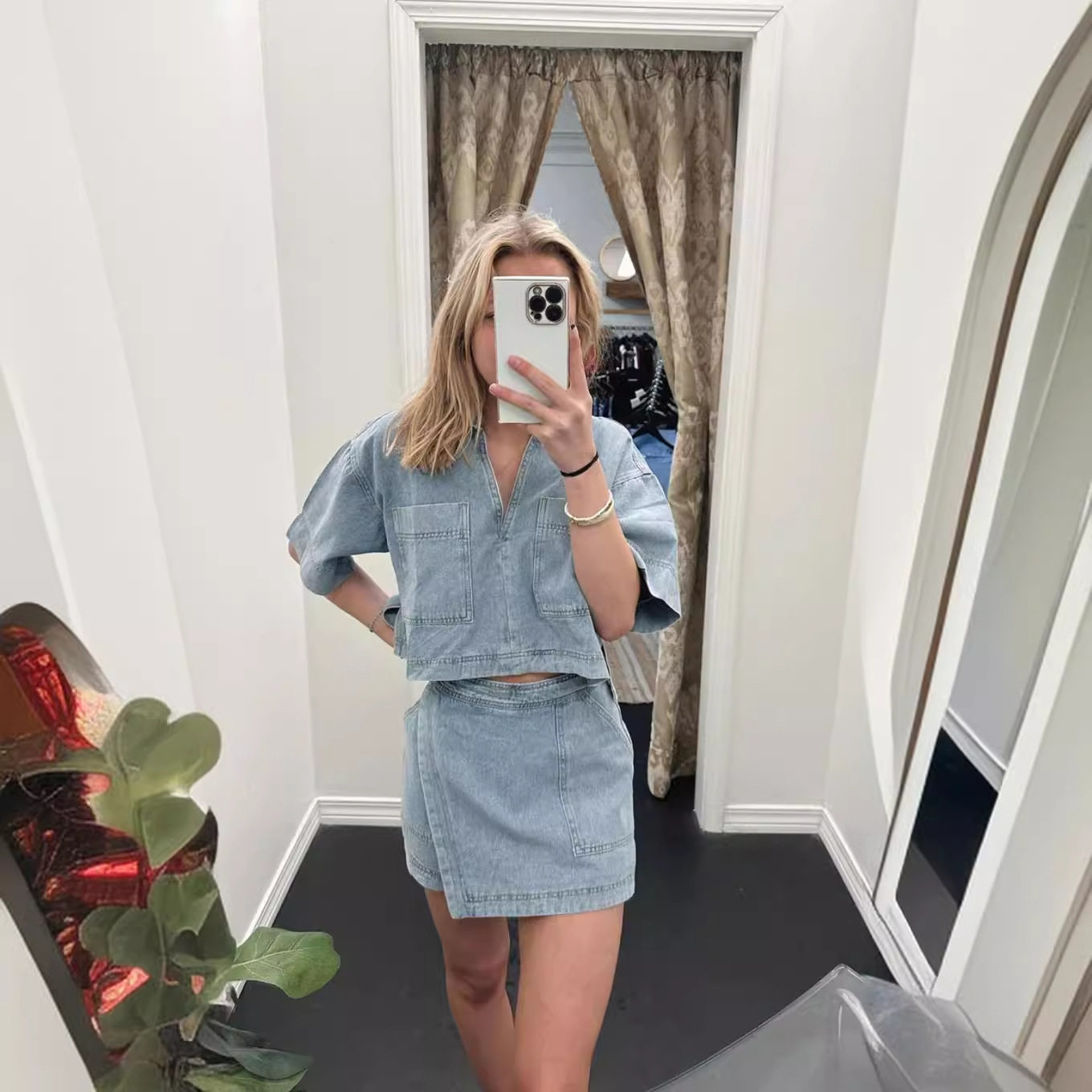 Plaid Casual Denim Suit Women's Summer Loose Slimming Look Polo Short-Sleeved Shirt Asymmetrical Culottes Two-Piece Set