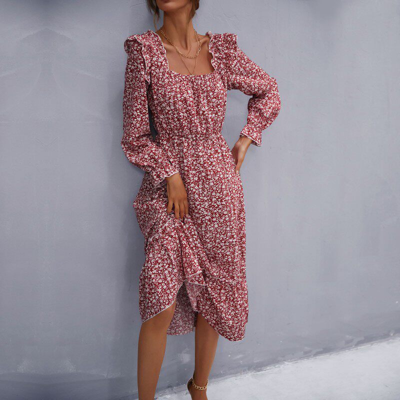 Floral Print Long Sleeve Dress Square Neck Spring Fashion Womens Apparel Wholesale Available
