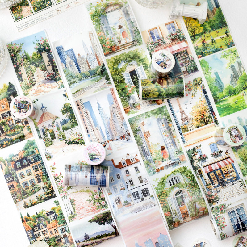 Free Moment Washi Tape Long Loop Tape Literary Hand-Painted Watercolor Street Flower Wall Garden Handbook Collage Paper