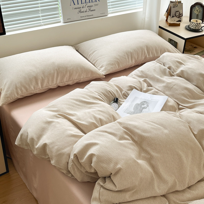 Muji Style Pure Cotton Bed Four-Piece Set, Pure Cotton Quilt Cover, Blogger's Same Style Stripesd Washed Cotton Quilt Cover, Student Three-Piece Set