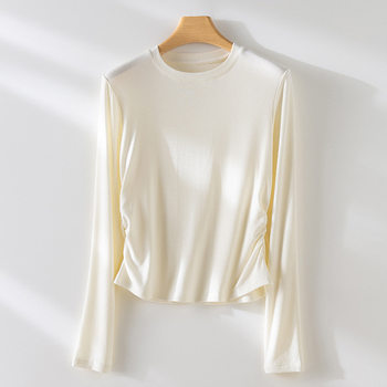 [Thin T] Double C Waist Skin-friendly Naked Acetic Acid Wool Crewneck Base Shirt Women's Waist Pleated Basic Long Sleeve