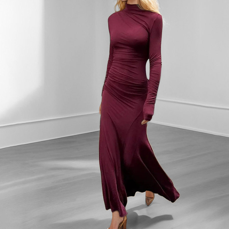 Womens Spring Dress Fashionable Solid Color Slim Fit Ruched Design Perfect for Casual or Formal Occasions
