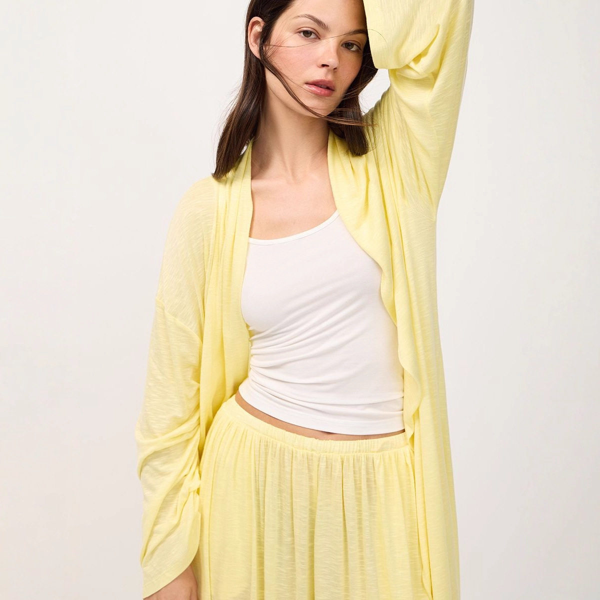 Chic Oversized Sheer Cardigan and Mini Skirt Set Relaxed Fit Long Pants Casual Style Perfect for Spring and Summer