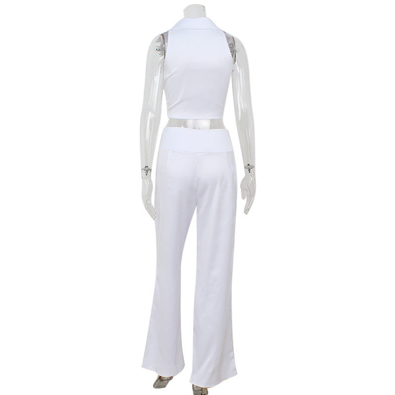 French Style Sleeveless Lapel Tie Top High Waist Satin Trousers Elegant Business Attire for Professional Occasions