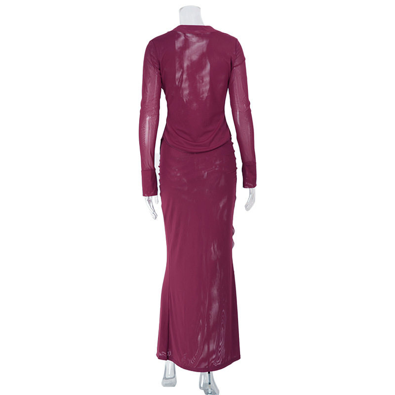 Fashion Two Piece Set Deep V Neck Top High Slit Bodycon Skirt Lace Ruffle Trim Elegant Occasion Wear Wholesale