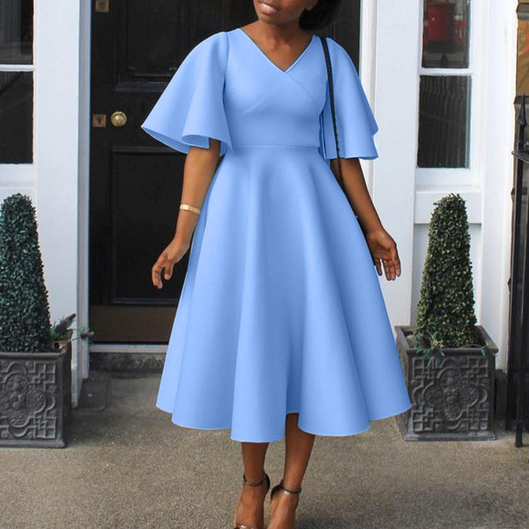 V Neck Flare Sleeve Dress Elegant A Line Silhouette Fashionable Design Perfect for Parties Wholesale Available