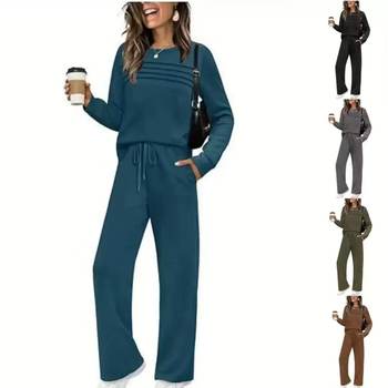 2025 New Autum European and American Cross-Border Women's Suit Long-Sleeved Round Neck Top Casual Elastic Waist Pants Wide-Leg Pants