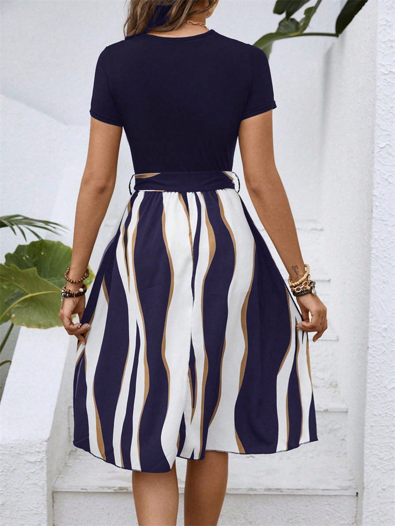 Women's Printed Colorblock Elegant Casual Office Belted