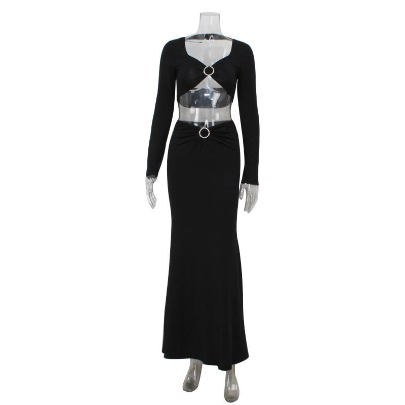 Elegant Womens Two Piece Set Sexy Hollow Out Crop Top and Skirt Metal Button Design Perfect for Red Carpet Events