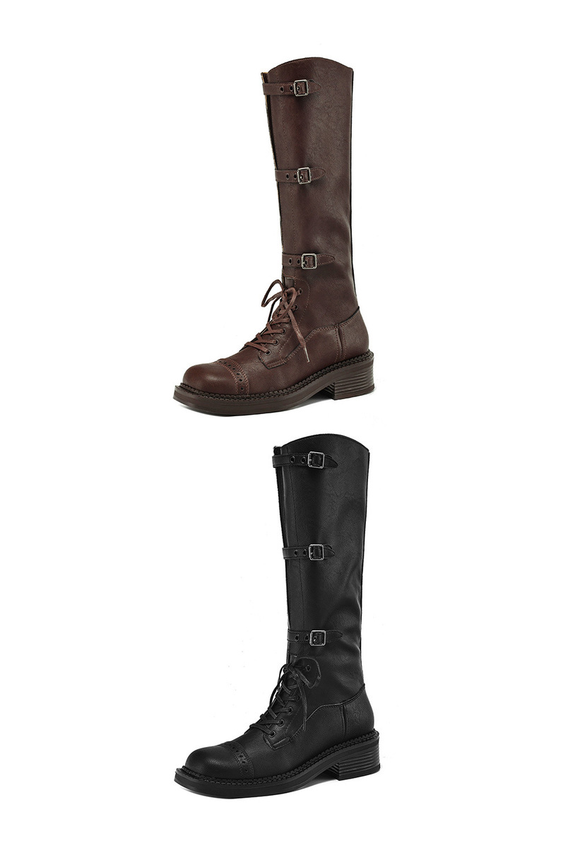 Boot nữ cổ cao da bò buộc dây khóa thắt lưng gót thô — Màu đen lót một lớp, Màu đen lót nhung, Màu nâu lót một lớp, Màu nâu lót nhung