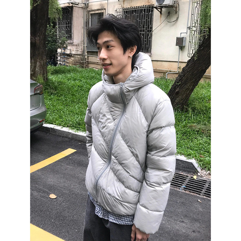 Lightweight Ribbed Hooded down Jacket for Men, Winter Thickened, Warm, Loose Fit, 50% Down, Diagonal Zipper, Deconstructed Design