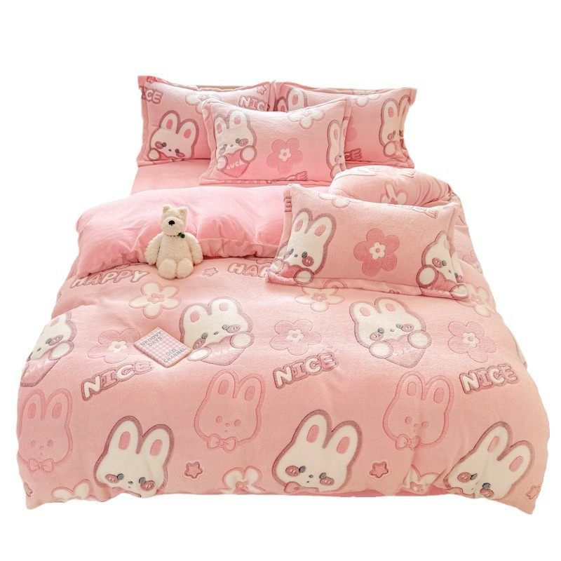 Warm Milk Velvet Four-piece Set Winter Thickened Coral Velvet Three-piece Set Cute Cartoon Single Quilt Cover Coral Velvet Mattress