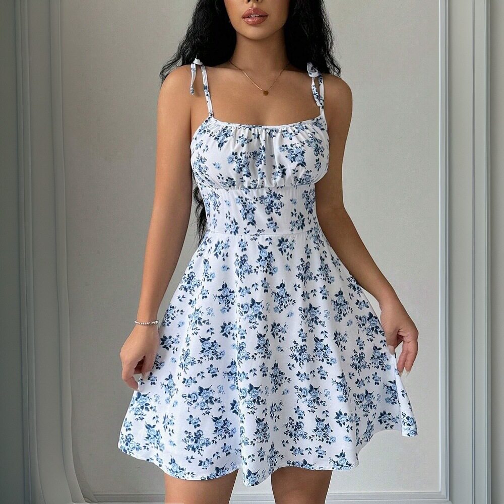 Floral Print Short Dress Summer Style Square Neck Sleeveless Lightweight Fabric Perfect for Casual Outings