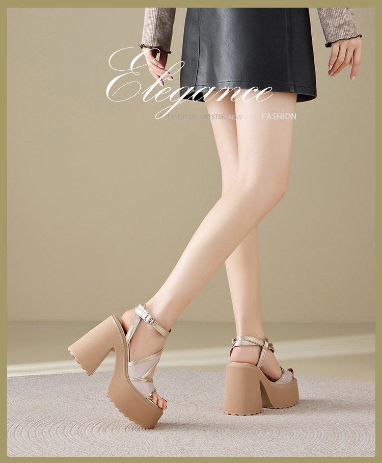 Sandal cao gót nữ mũi hở đế xuồng 12 cm da bò thật — [Đen], [Vàng nhạt], [Bạc] chi tiết 1