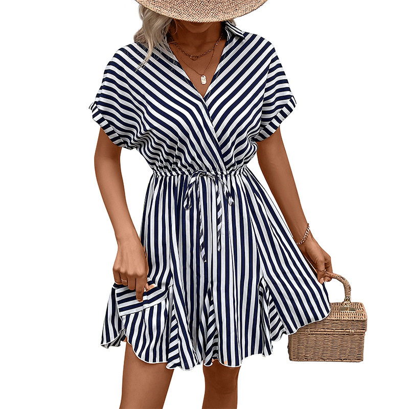 Ruffled Hem Striped Dress Waist Adjustable Shirt Collar Versatile Design Perfect for Casual Outings Wholesale