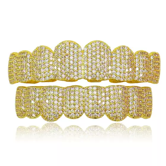 Copper inlaid zircon eight-tooth hip-hop gold braces cross-border explosions exaggerated gold teeth decorative props grillz