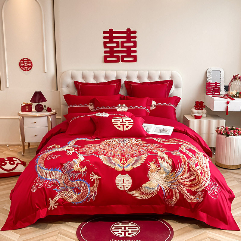High-End Chinese Dragon and Phoenix Embroider Wedding Four-Piece Set Big Red Wedding Room Dowry Bed Sheetss Quilt Cover Dowry Bedding