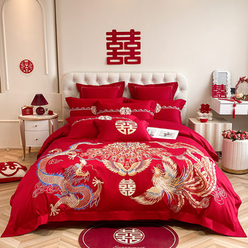 High-End Chinese Dragon and Phoenix Embroider Wedding Four-Piece Set Big Red Wedding Room Dowry Bed Sheetss Quilt Cover Dowry Bedding