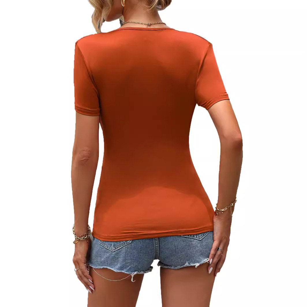 Womens V Neck Short Sleeve T Shirt Fashionable Elegant Solid Color Casual Wear Summer Style Wholesale Available