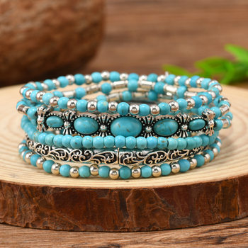 5-Piece Set of Western Cowboy Retro Cross-Border Turquoise Series Fashion Elastic Rope Bead Bracelets Suitable for Men and Women