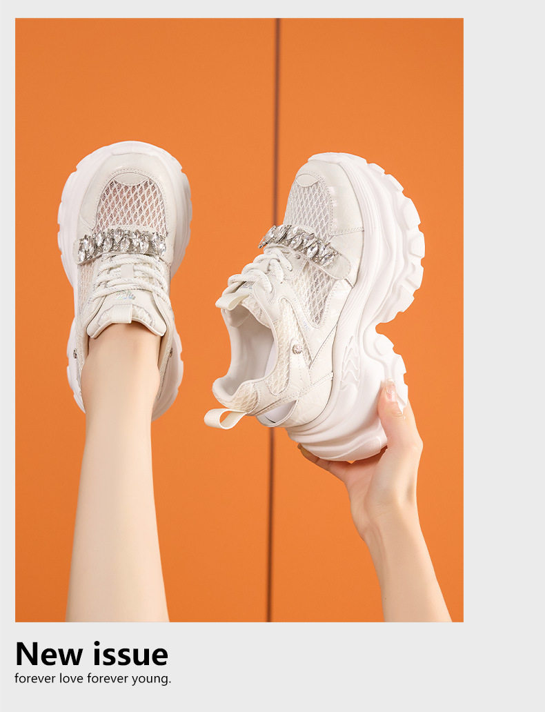 Giày sneaker nữ lưới thoáng khí đế dày 9 cm mùa xuân hè 2025 — Xám, Trắng ngọc trai chi tiết 12