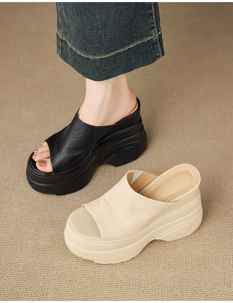 Dép sandal nữ đế xuồng cao gót 13cm da cừu mềm nhẹ — màu đen, Màu trắng ngà