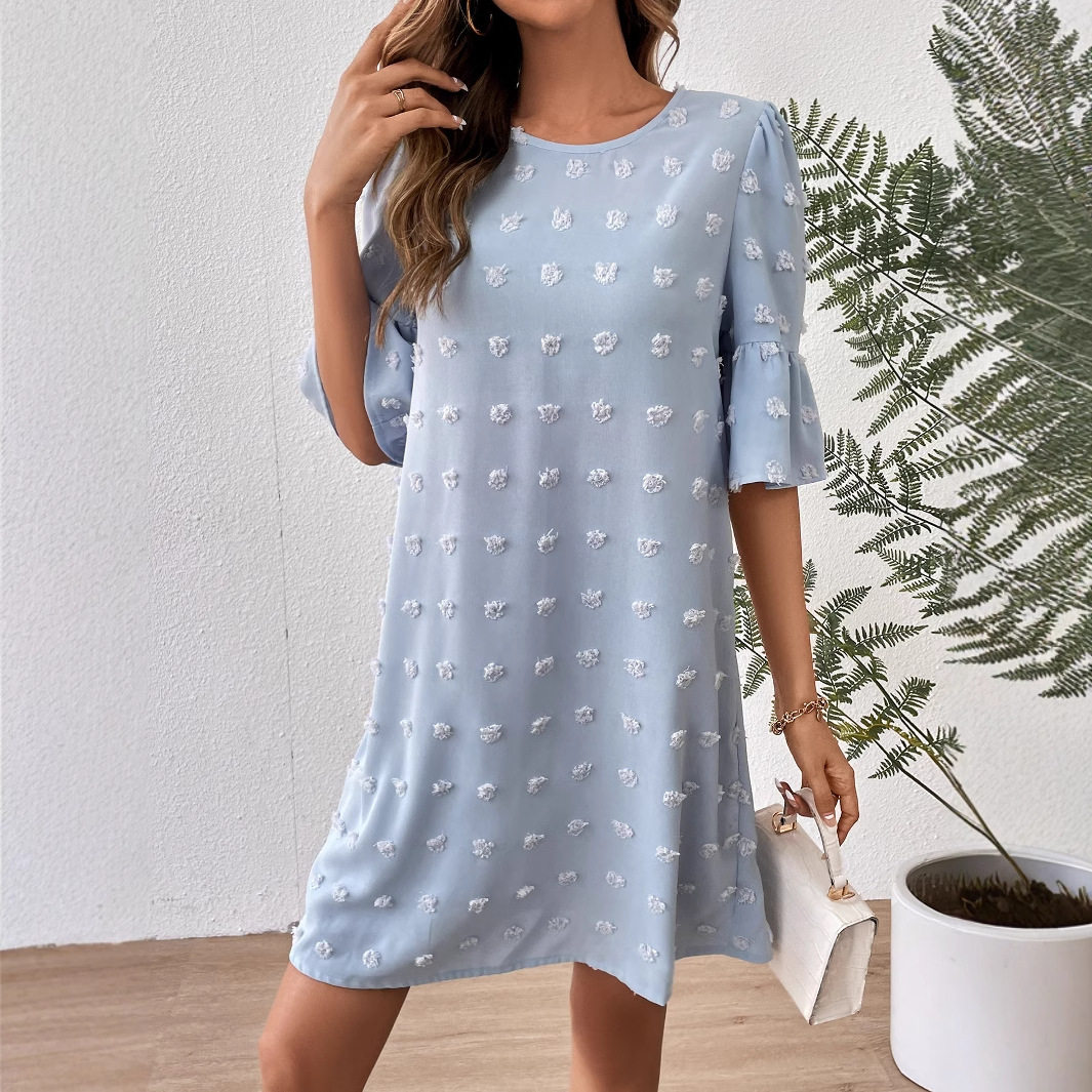 Chiffon Dress for Women Solid Color Short Sleeve Pom Detail Casual Summer Wear Wholesale Available