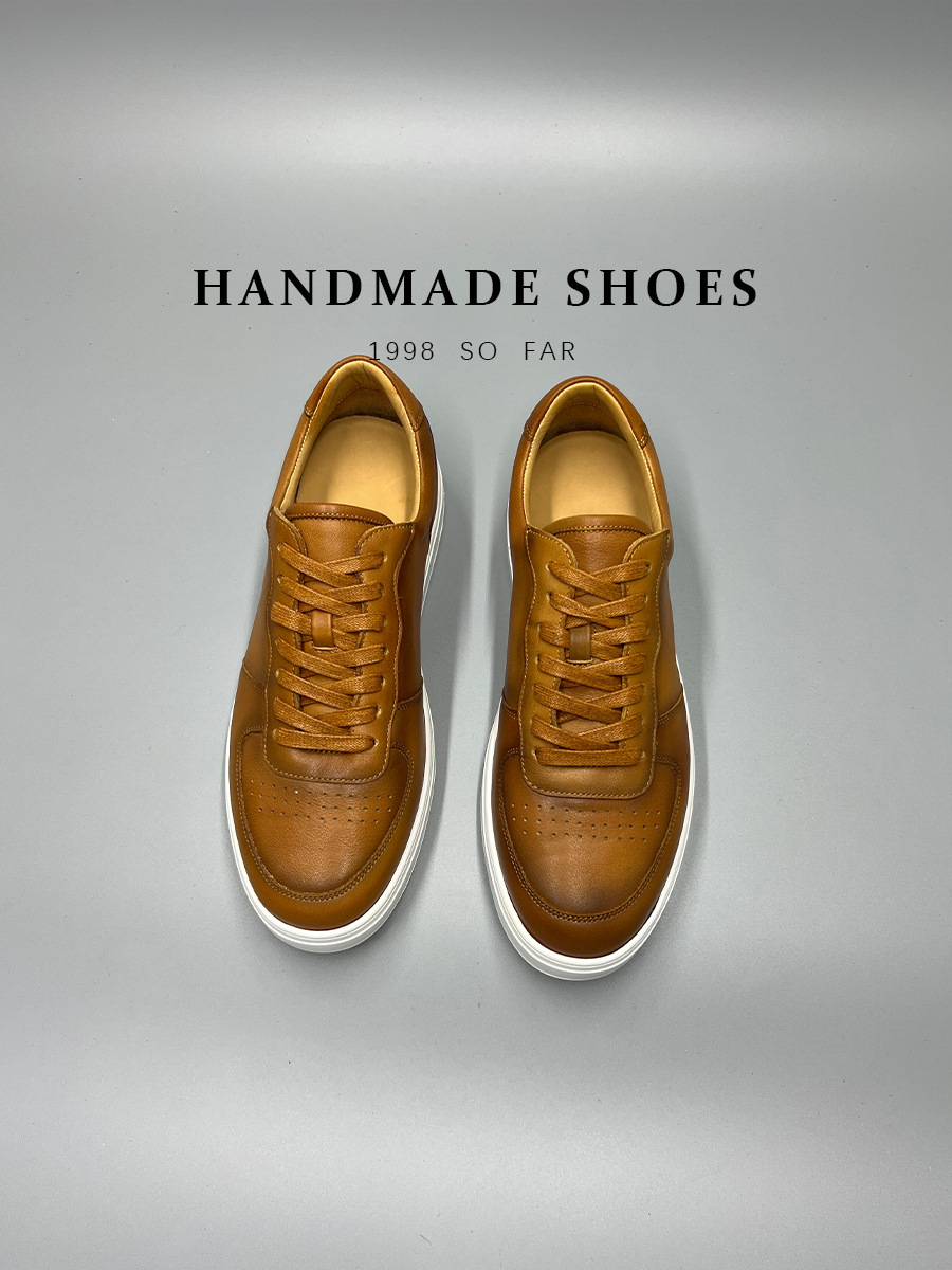 Giày sneaker nam da bò lớp đầu tiên đế bằng đệm khí cổ điển dễ phối — Màu nâu, Màu đen, Màu trắng