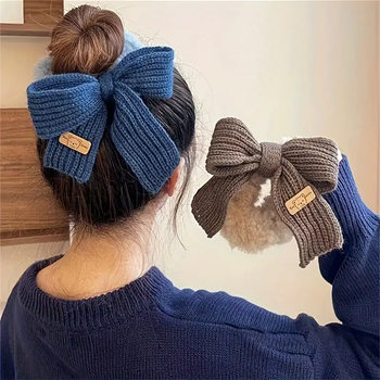 Plush Knitted Bow Hair Tie for Women, Bun Hair Rope, Non-Damaging Elastic Hair Band, Letter Design Hair Accessory