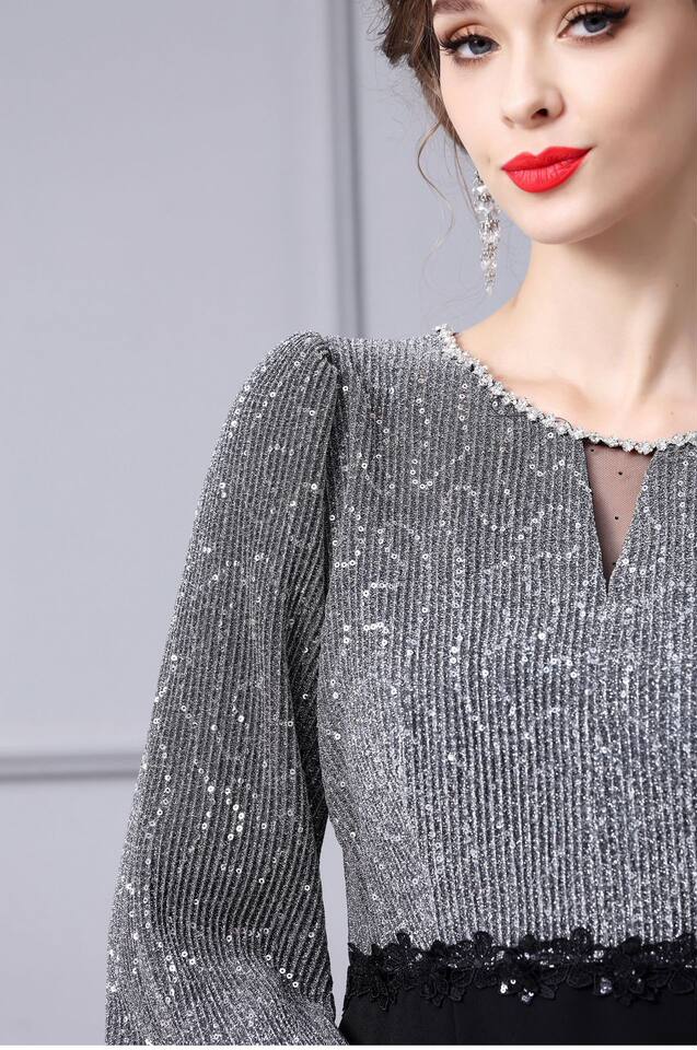 Đầm Dạ Hội Nữ dáng chữ A, Eo Cao, Tay Dài, Lấp Lánh Màu Đen, Xám chi tiết 26