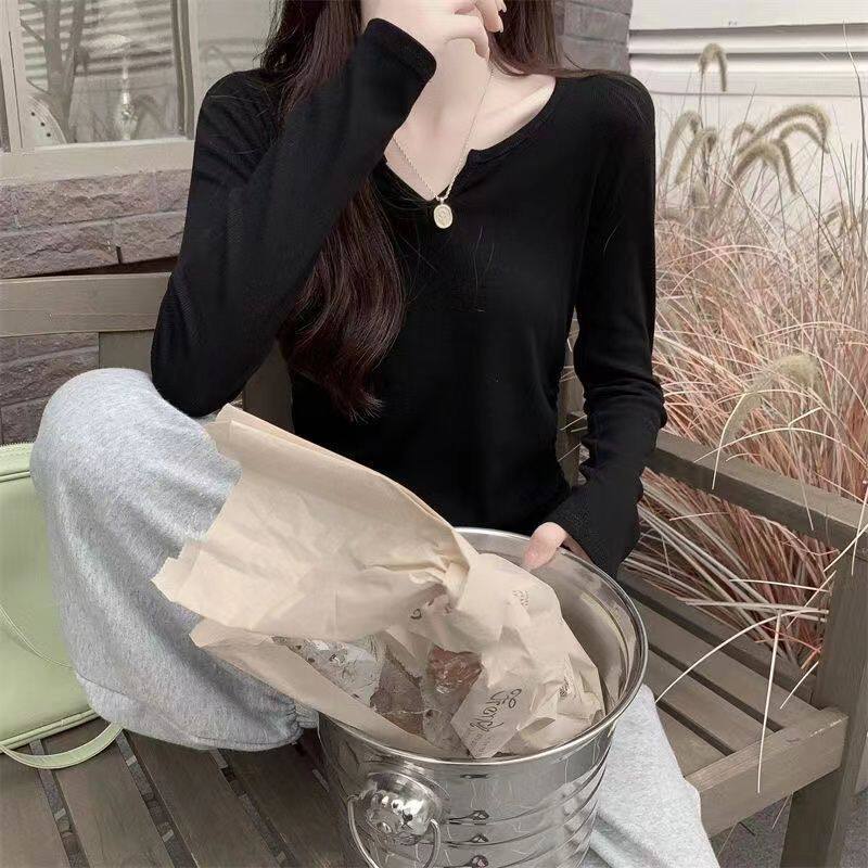 Womens Long Sleeve T Shirt V Neck Drawstring Versatile Chic Design Casual Layering Top for Spring and Autumn