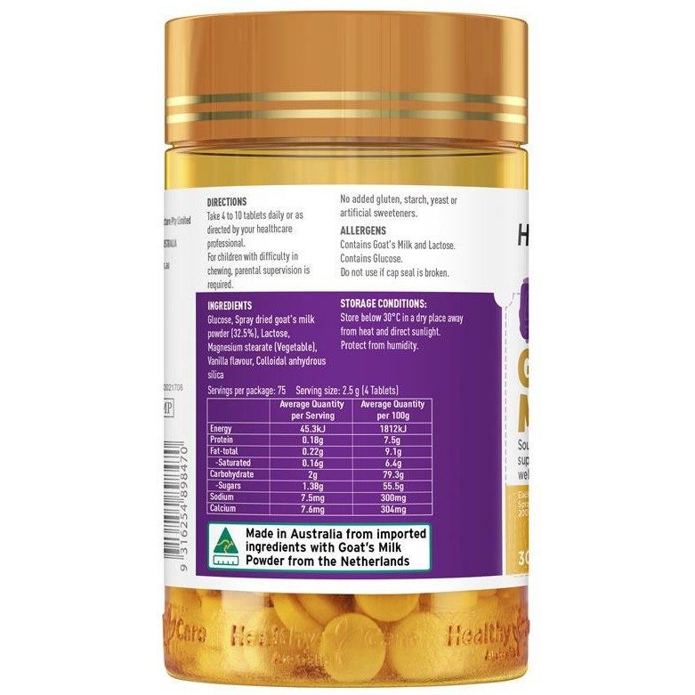 Australian Healthy Care Goat Milk Chewable Tablets High Calcium Goat Milk Tablets Chocolate Flavor Vanilla Flavor 300 Tablets