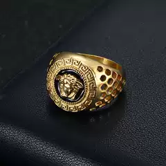 European and American New Trendy Brand Hip-Hop Hiphop Ring Titanium Steel Gold-Plated Glue Honeycomb Cut Out Beauty Head Men's Ring