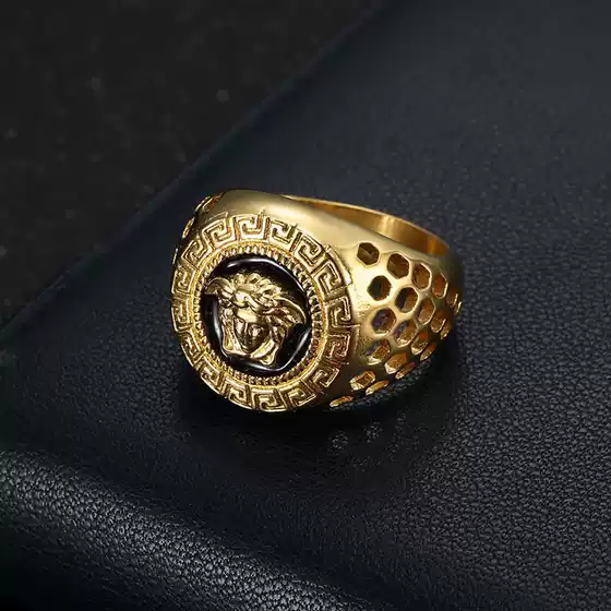 European and American New Trendy Brand Hip-Hop Hiphop Ring Titanium Steel Gold-Plated Glue Honeycomb Cut Out Beauty Head Men's Ring