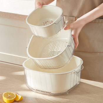 Kitchen Vegetable Washing Basket Double-Layer Draining Basket Water Filter Basket Vegetable Washing Basin Plastic Household Hall Fruit Tray Sink Water Filter Basin